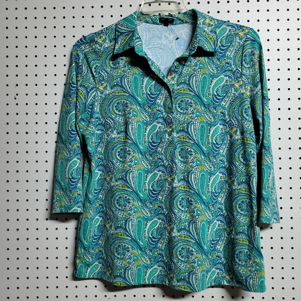 Talbots Womens Top 1x NWOT Aqua Paisley Prints Pullover